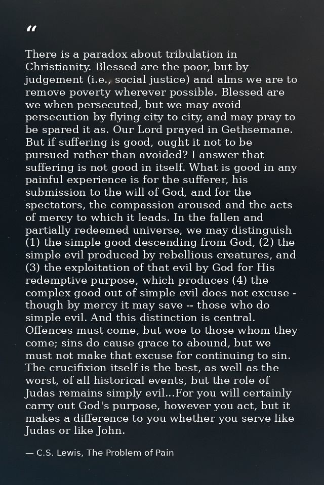 There is a paradox about tribulation in Christianity. Blessed are the poor, but by judgement (i.e., social justice) and  — C.S. Lewis, The Problem of Pain