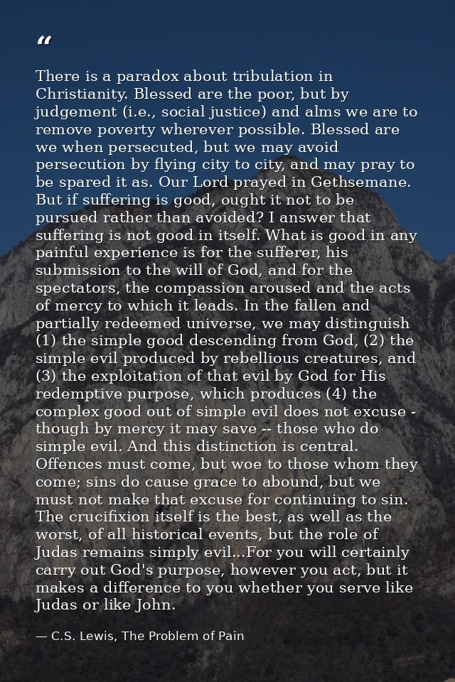 There is a paradox about tribulation in Christianity. Blessed are the poor, but by judgement (i.e., social justice) and  — C.S. Lewis, The Problem of Pain