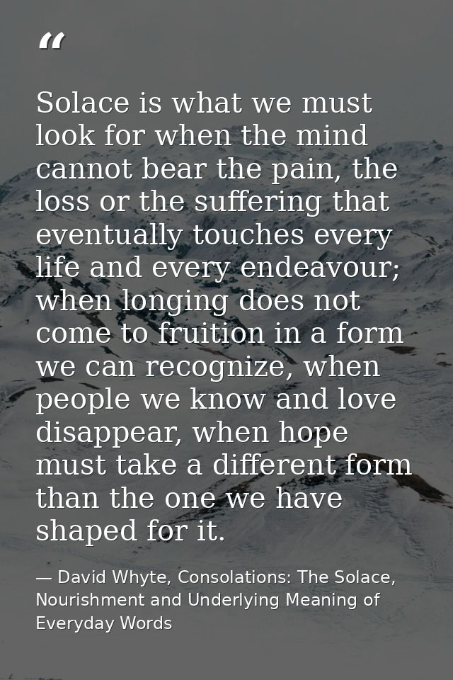 Solace is what we must look for when the mind cannot bear the pain, the loss or the suffering that eventually touches ev — David Whyte, Consolations: The Solace, Nourishment and Underlying Meaning of Everyday Words