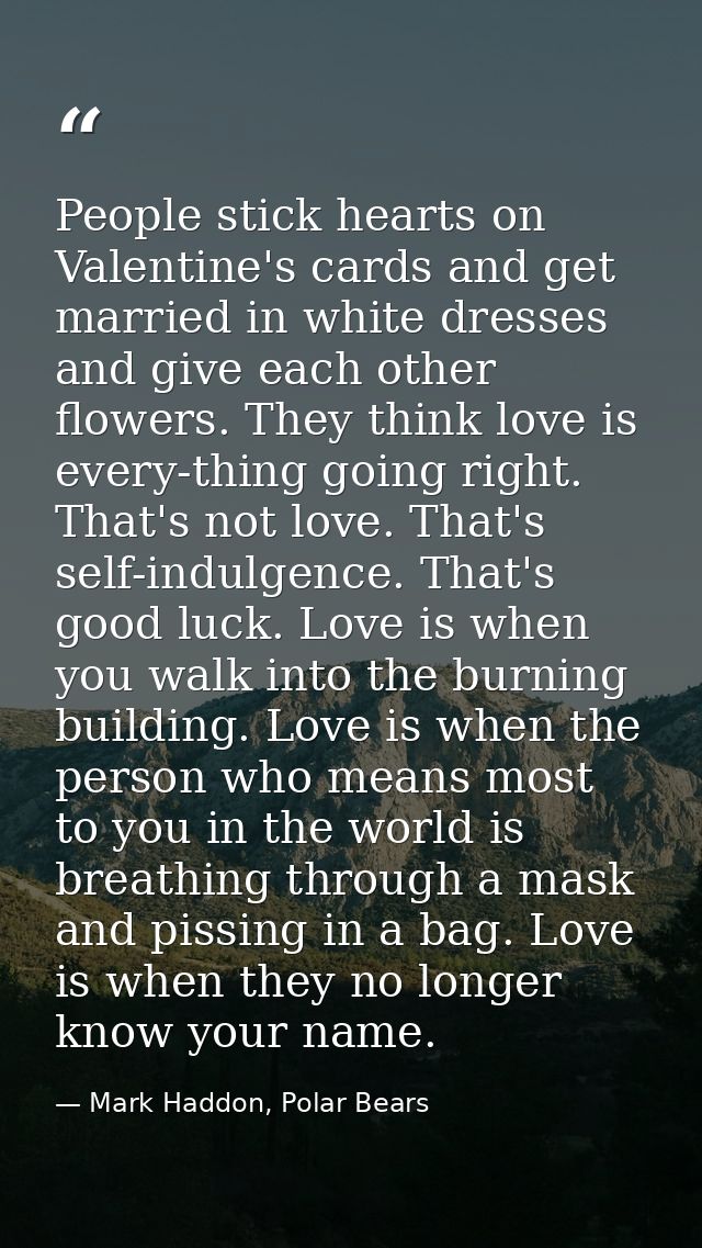 People stick hearts on Valentine's cards and get married in white dresses and give each other flowers. They think love i — Mark Haddon, Polar Bears