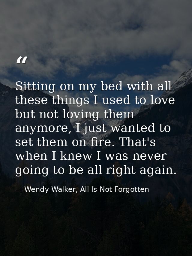 Sitting on my bed with all these things I used to love but not loving them anymore, I just wanted to set them on fire. T — Wendy Walker, All Is Not Forgotten