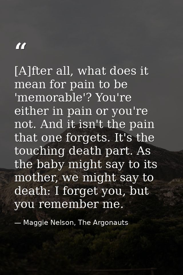 [A]fter all, what does it mean for pain to be 'memorable'? You're either in pain or you're not. And it isn't the pain th — Maggie Nelson, The Argonauts