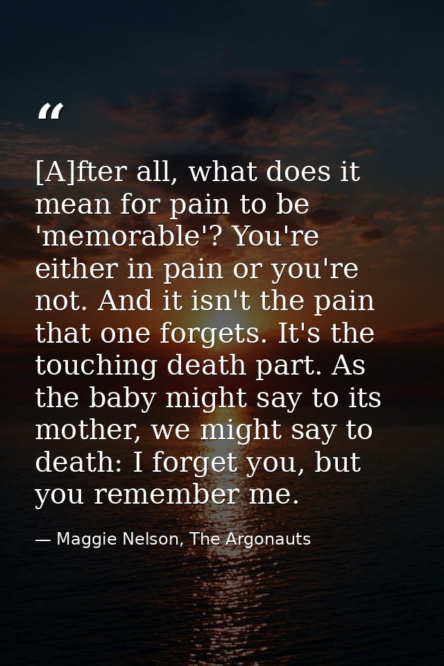[A]fter all, what does it mean for pain to be 'memorable'? You're either in pain or you're not. And it isn't the pain th — Maggie Nelson, The Argonauts