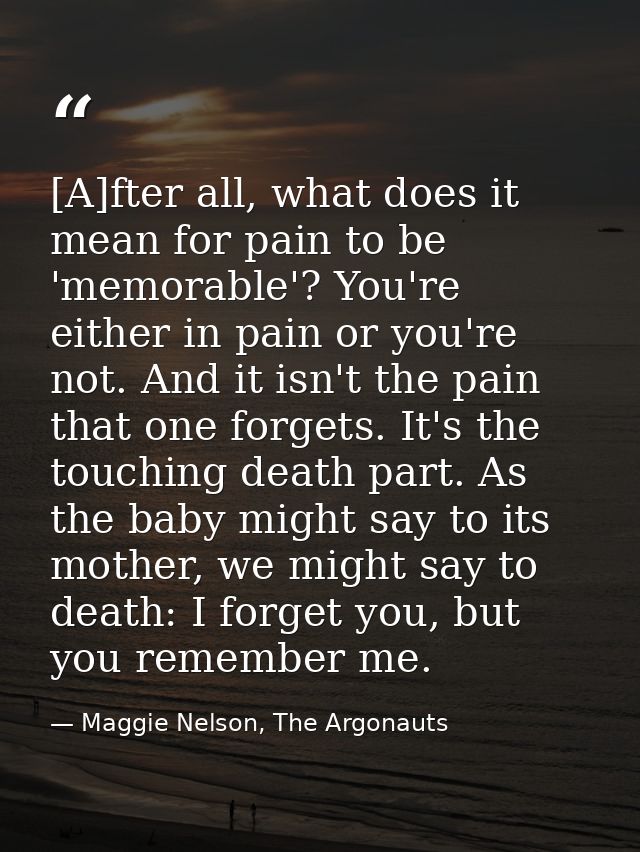 [A]fter all, what does it mean for pain to be 'memorable'? You're either in pain or you're not. And it isn't the pain th — Maggie Nelson, The Argonauts