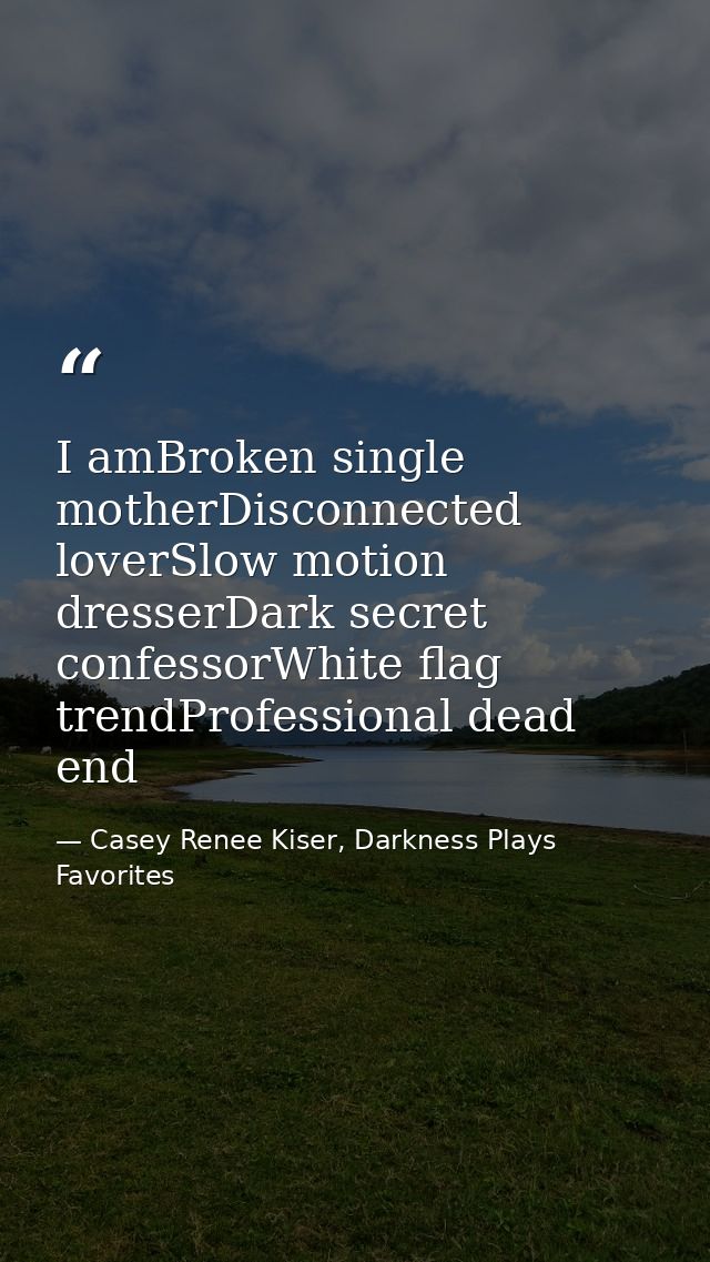 I amBroken single motherDisconnected loverSlow motion dresserDark secret confessorWhite flag trendProfessional dead end — Casey Renee Kiser, Darkness Plays Favorites