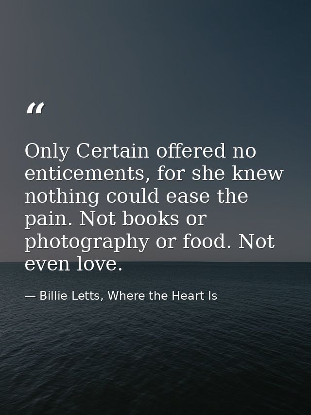Only Certain offered no enticements, for she knew nothing could ease the pain. Not books or photography or food. Not eve — Billie Letts, Where the Heart Is