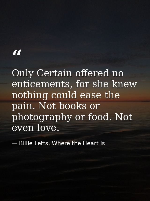 Only Certain offered no enticements, for she knew nothing could ease the pain. Not books or photography or food. Not eve — Billie Letts, Where the Heart Is