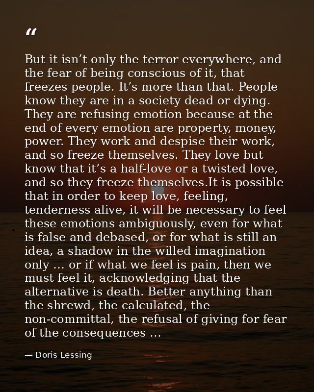 But it isn’t only the terror everywhere, and the fear of being conscious of it, that freezes people. It’s more than that — Doris Lessing