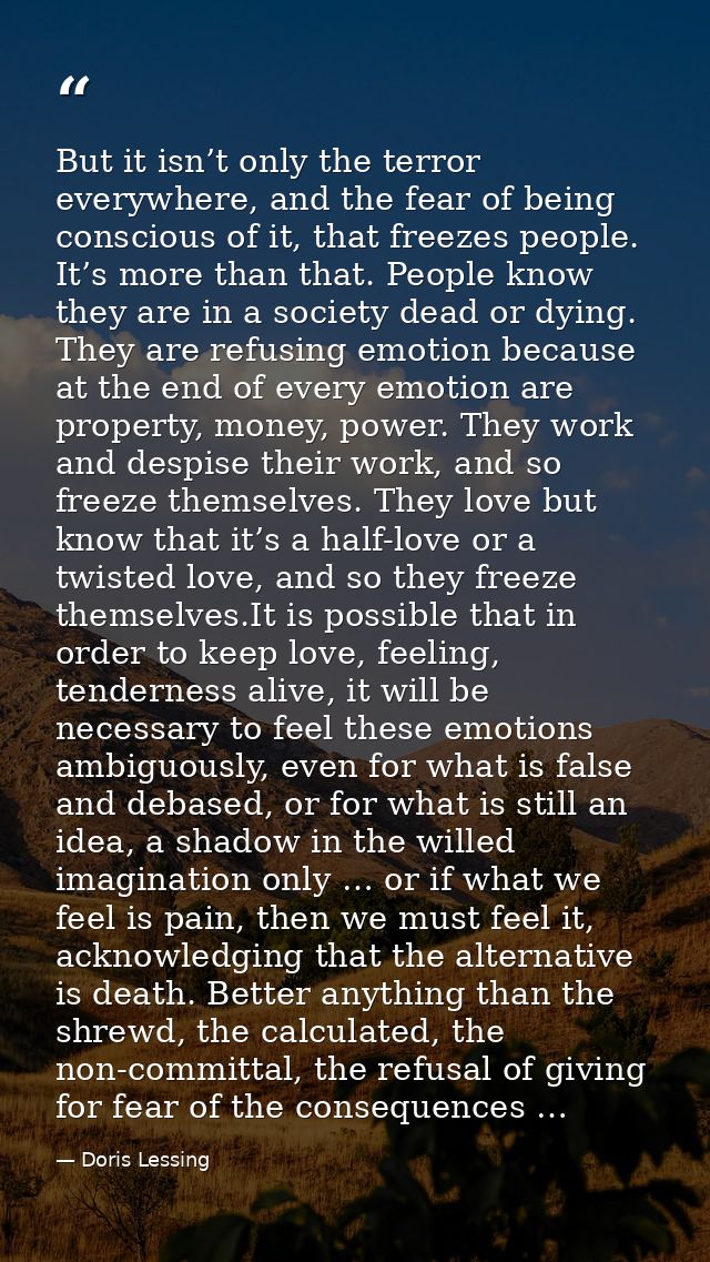 But it isn’t only the terror everywhere, and the fear of being conscious of it, that freezes people. It’s more than that — Doris Lessing