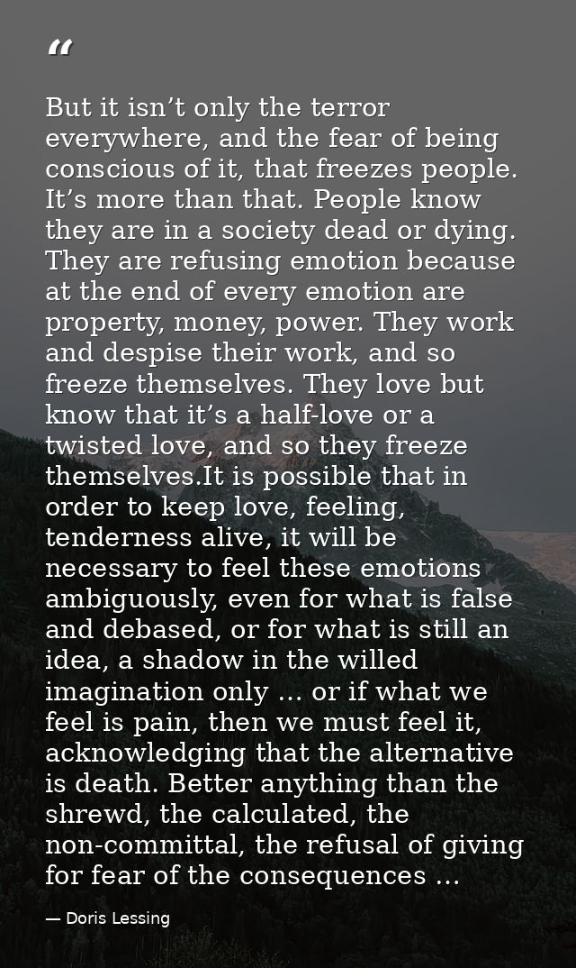But it isn’t only the terror everywhere, and the fear of being conscious of it, that freezes people. It’s more than that — Doris Lessing
