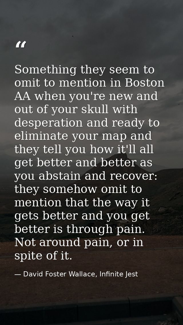 Something they seem to omit to mention in Boston AA when you're new and out of your skull with desperation and ready to  — David Foster Wallace, Infinite Jest