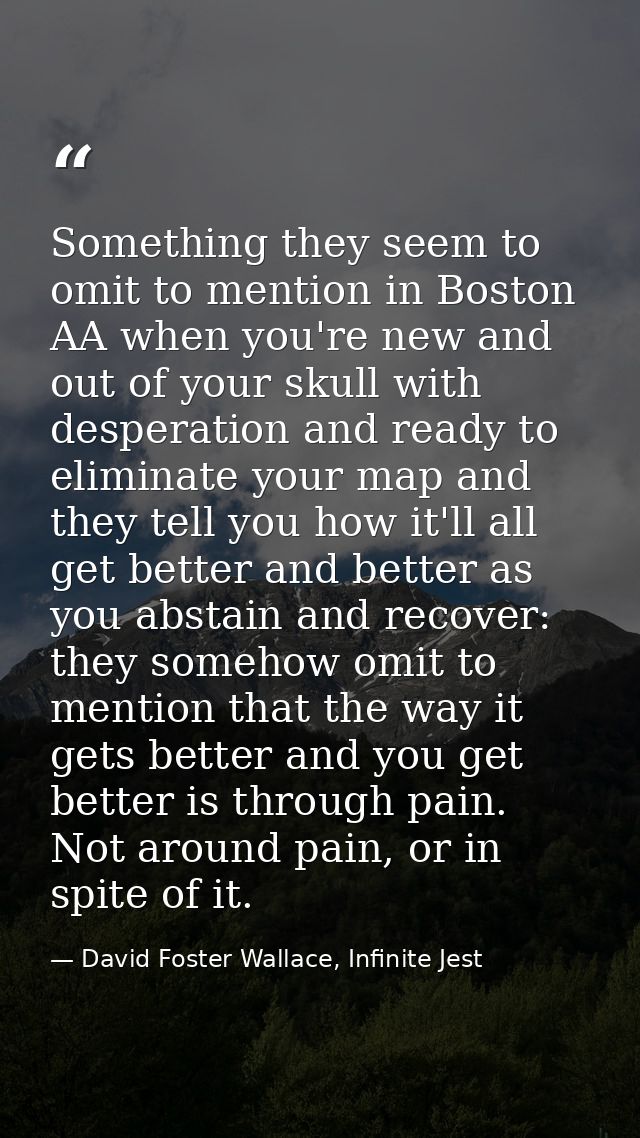 Something they seem to omit to mention in Boston AA when you're new and out of your skull with desperation and ready to  — David Foster Wallace, Infinite Jest