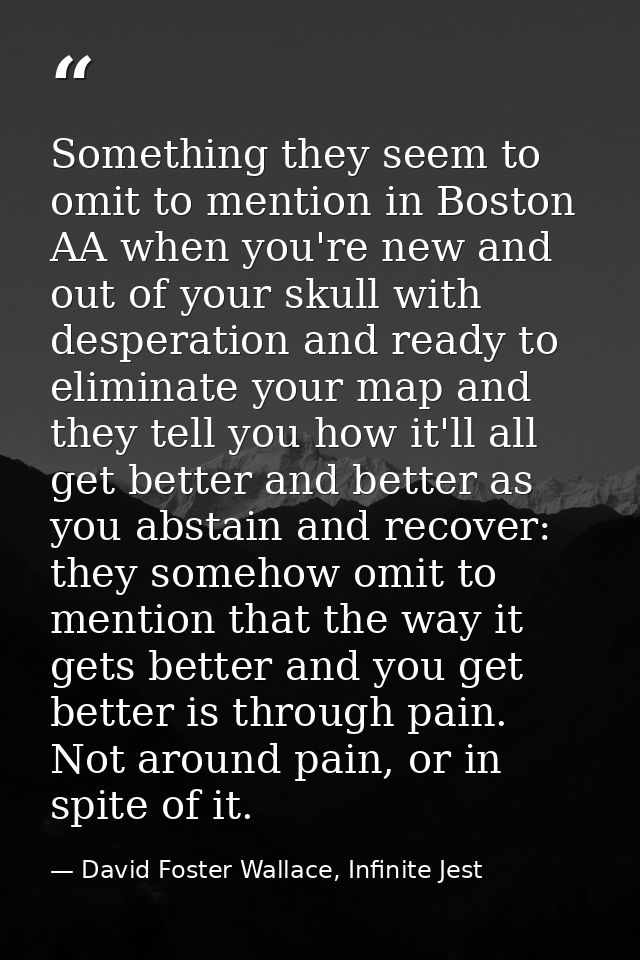 Something they seem to omit to mention in Boston AA when you're new and out of your skull with desperation and ready to  — David Foster Wallace, Infinite Jest