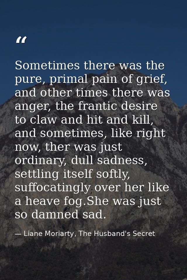 Sometimes there was the pure, primal pain of grief, and other times there was anger, the frantic desire to claw and hit  — Liane Moriarty, The Husband's Secret