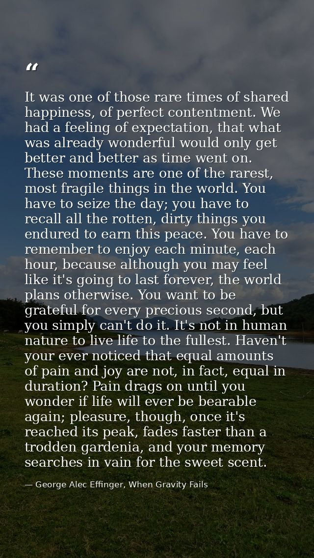 It was one of those rare times of shared happiness, of perfect contentment. We had a feeling of expectation, that what w — George Alec Effinger, When Gravity Fails