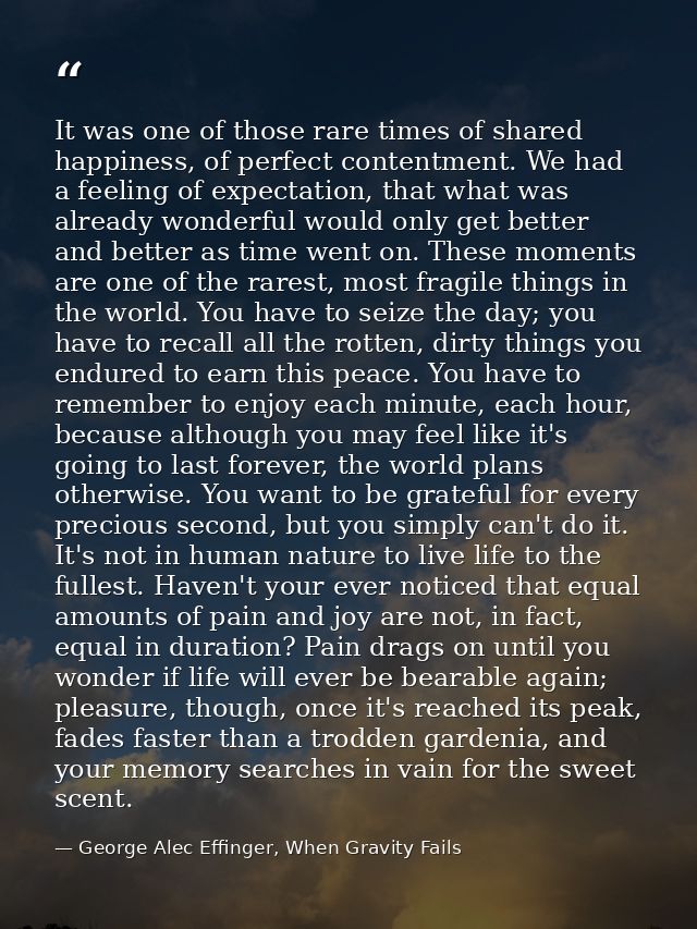 It was one of those rare times of shared happiness, of perfect contentment. We had a feeling of expectation, that what w — George Alec Effinger, When Gravity Fails