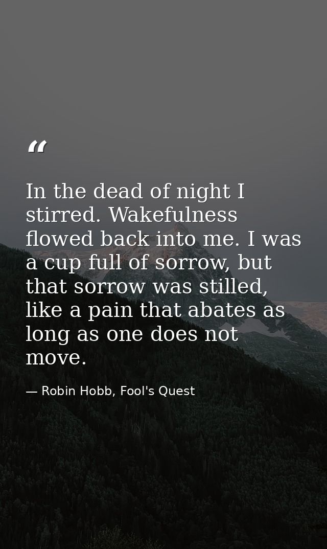 In the dead of night I stirred. Wakefulness flowed back into me. I was a cup full of sorrow, but that sorrow was stilled — Robin Hobb, Fool's Quest
