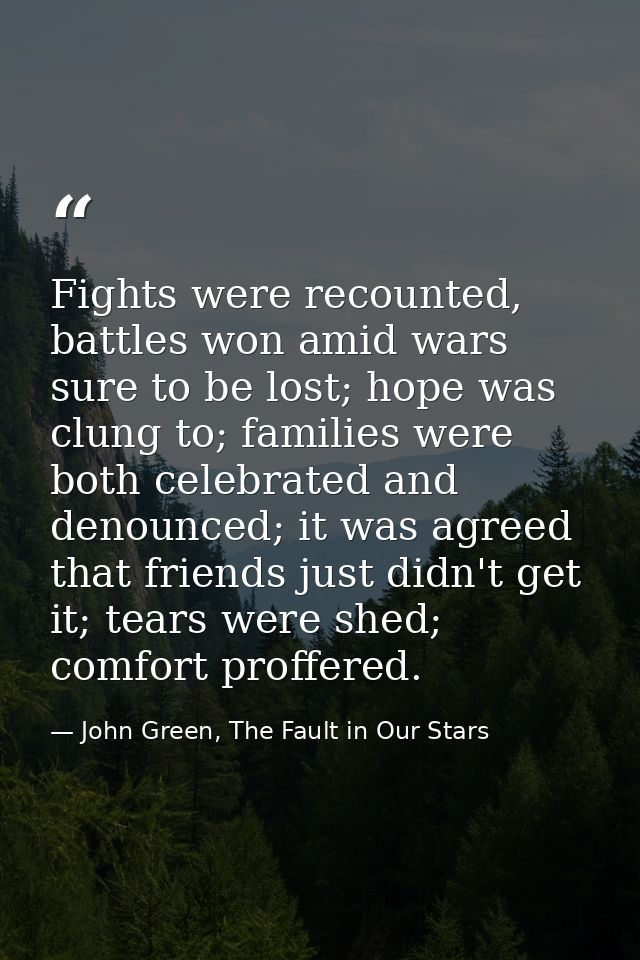 Fights were recounted, battles won amid wars sure to be lost; hope was clung to; families were both celebrated and denou — John Green, The Fault in Our Stars