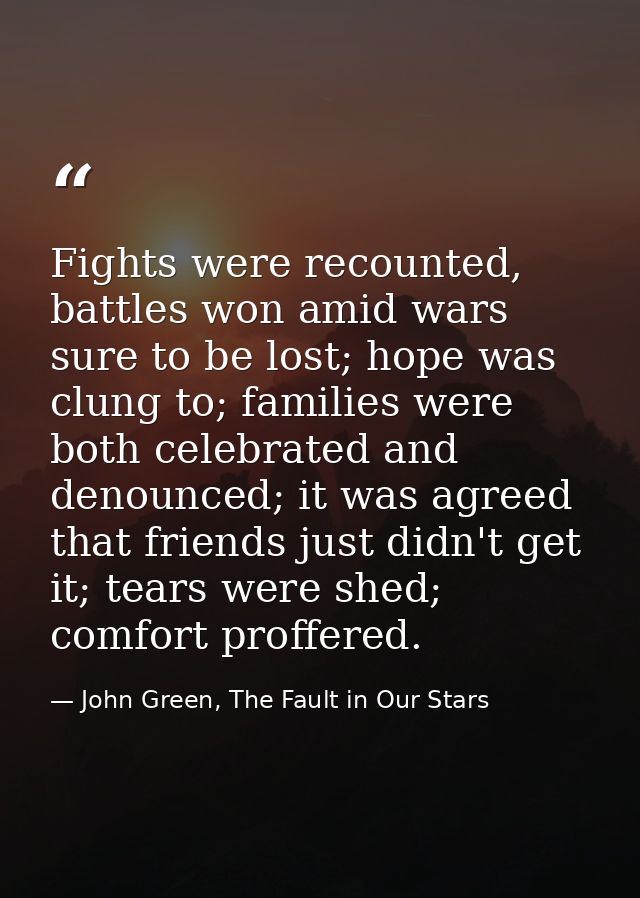 Fights were recounted, battles won amid wars sure to be lost; hope was clung to; families were both celebrated and denou — John Green, The Fault in Our Stars