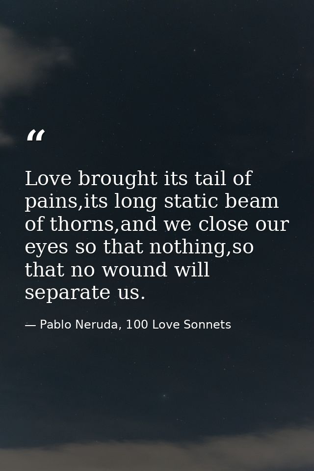 Love brought its tail of pains,its long static beam of thorns,and we close our eyes so that nothing,so that no wound wil — Pablo Neruda, 100 Love Sonnets