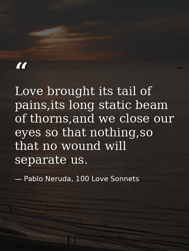 Love brought its tail of pains,its long static beam of thorns,and we close our eyes so that nothing,so that no wound wil — Pablo Neruda, 100 Love Sonnets