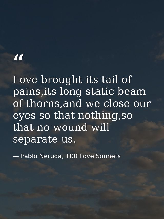 Love brought its tail of pains,its long static beam of thorns,and we close our eyes so that nothing,so that no wound wil — Pablo Neruda, 100 Love Sonnets