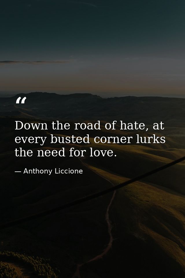 Down the road of hate, at every busted corner lurks the need for love. — Anthony Liccione