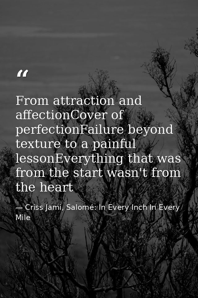 From attraction and affectionCover of perfectionFailure beyond texture to a painful lessonEverything that was from the s — Criss Jami, Salomé: In Every Inch In Every Mile