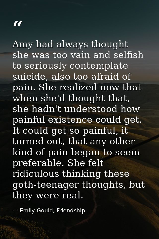 Amy had always thought she was too vain and selfish to seriously contemplate suicide, also too afraid of pain. She reali — Emily Gould, Friendship