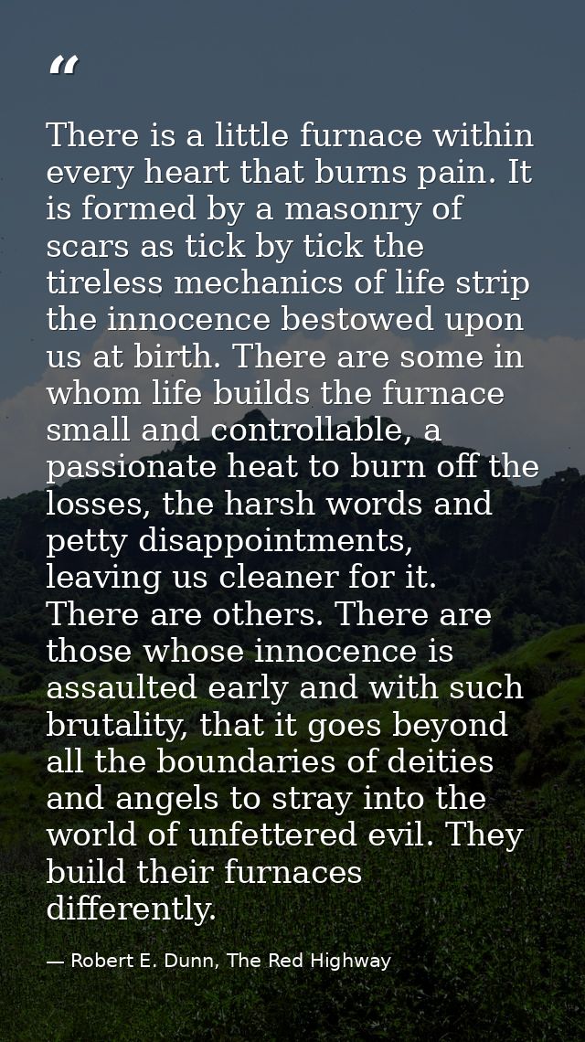 There is a little furnace within every heart that burns pain. It is formed by a masonry of scars as tick by tick the tir — Robert E. Dunn, The Red Highway