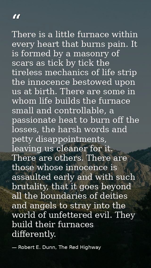 There is a little furnace within every heart that burns pain. It is formed by a masonry of scars as tick by tick the tir — Robert E. Dunn, The Red Highway