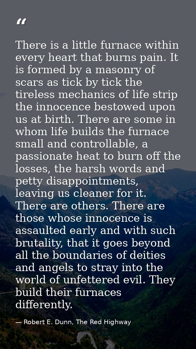 There is a little furnace within every heart that burns pain. It is formed by a masonry of scars as tick by tick the tir — Robert E. Dunn, The Red Highway