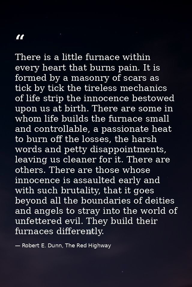 There is a little furnace within every heart that burns pain. It is formed by a masonry of scars as tick by tick the tir — Robert E. Dunn, The Red Highway