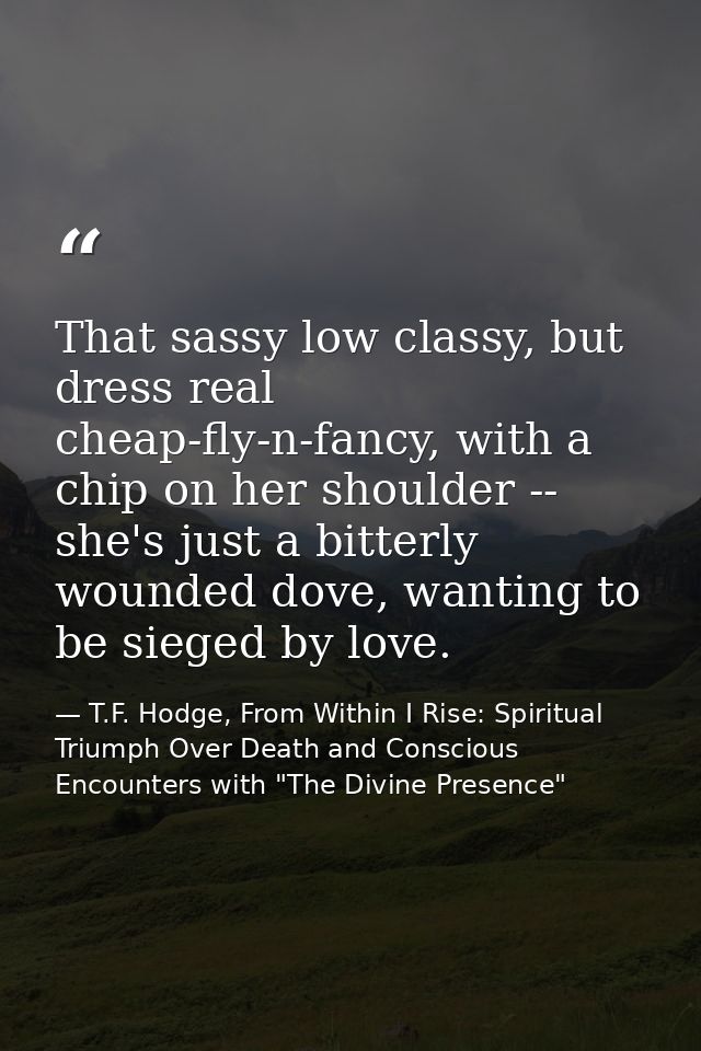 That sassy low classy, but dress real cheap-fly-n-fancy, with a chip on her shoulder -- she's just a bitterly wounded do — T.F. Hodge, From Within I Rise: Spiritual Triumph Over Death and Conscious Encounters with "The Divine Presence"