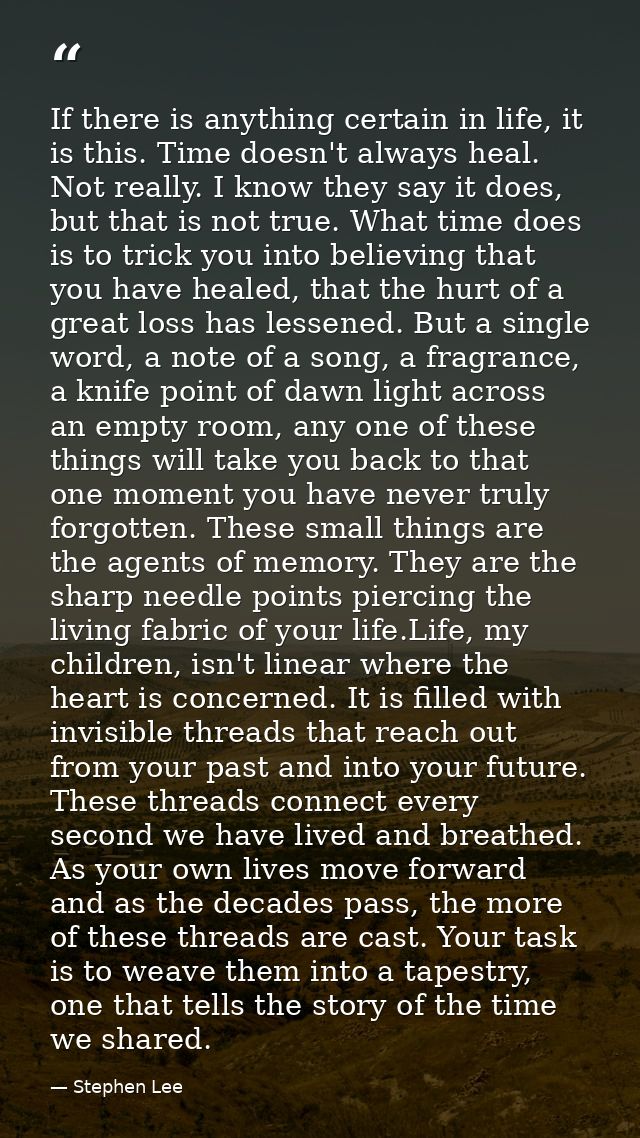 If there is anything certain in life, it is this. Time doesn't always heal. Not really. I know they say it does, but tha — Stephen Lee