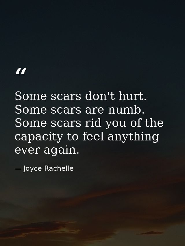 Some scars don't hurt. Some scars are numb. Some scars rid you of the capacity to feel anything ever again. — Joyce Rachelle
