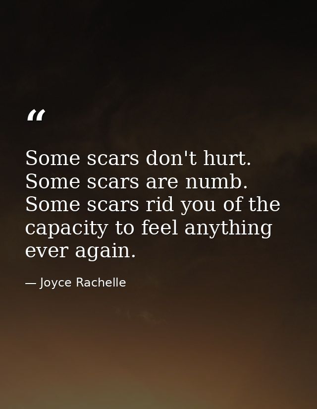 Some scars don't hurt. Some scars are numb. Some scars rid you of the capacity to feel anything ever again. — Joyce Rachelle