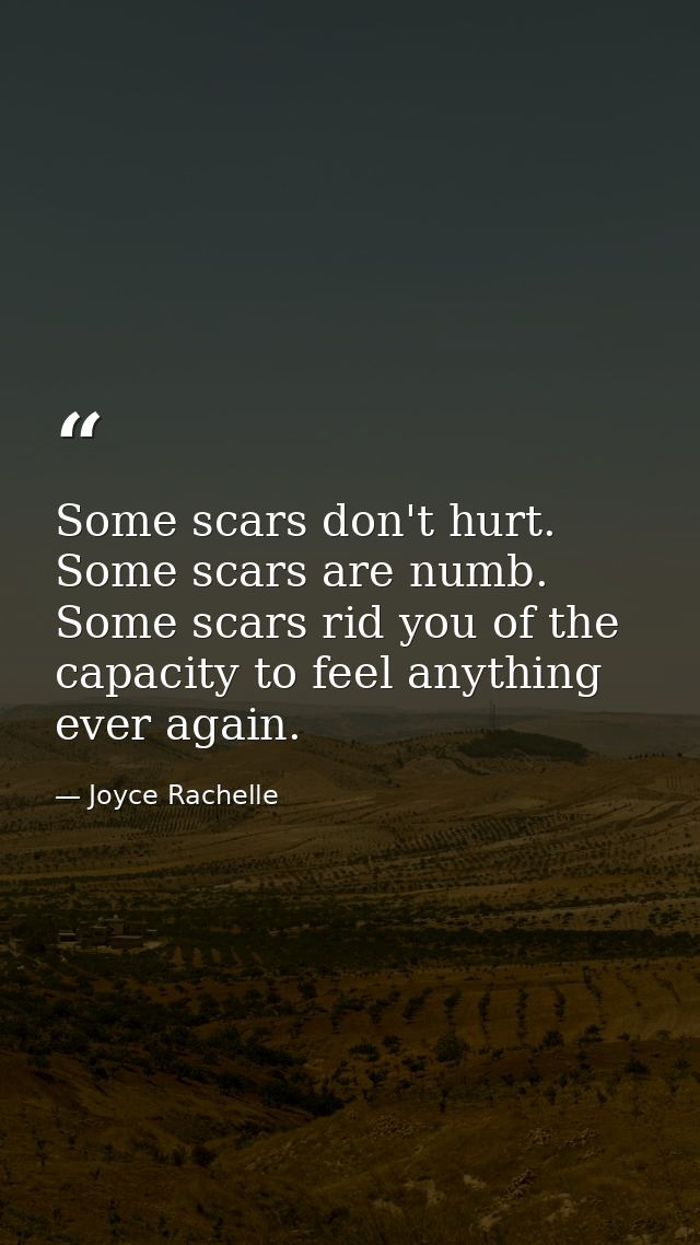 Some scars don't hurt. Some scars are numb. Some scars rid you of the capacity to feel anything ever again. — Joyce Rachelle