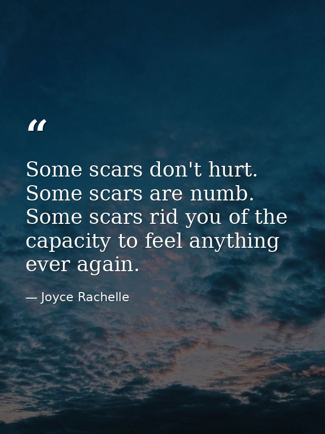 Some scars don't hurt. Some scars are numb. Some scars rid you of the capacity to feel anything ever again. — Joyce Rachelle