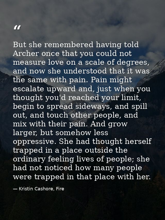 But she remembered having told Archer once that you could not measure love on a scale of degrees, and now she understood — Kristin Cashore, Fire