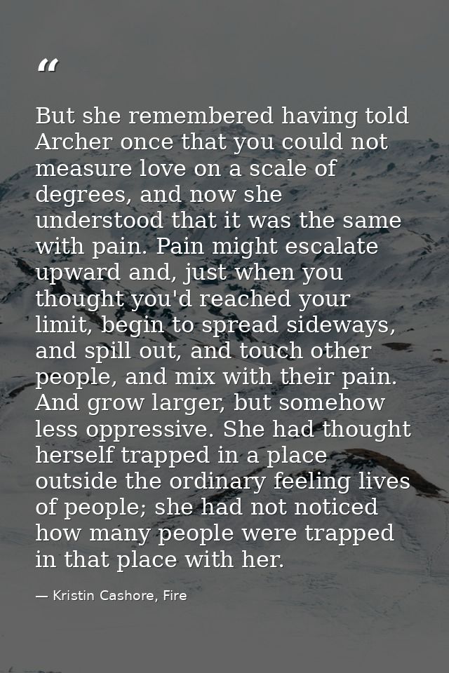 But she remembered having told Archer once that you could not measure love on a scale of degrees, and now she understood — Kristin Cashore, Fire