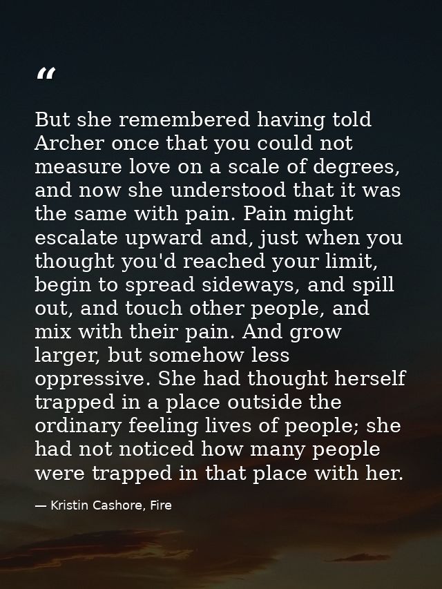 But she remembered having told Archer once that you could not measure love on a scale of degrees, and now she understood — Kristin Cashore, Fire