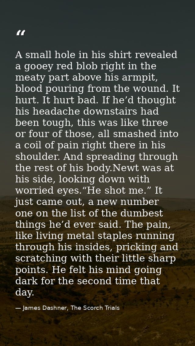 A small hole in his shirt revealed a gooey red blob right in the meaty part above his armpit, blood pouring from the wou — James Dashner, The Scorch Trials