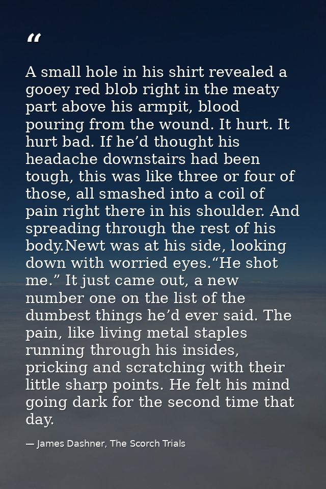 A small hole in his shirt revealed a gooey red blob right in the meaty part above his armpit, blood pouring from the wou — James Dashner, The Scorch Trials