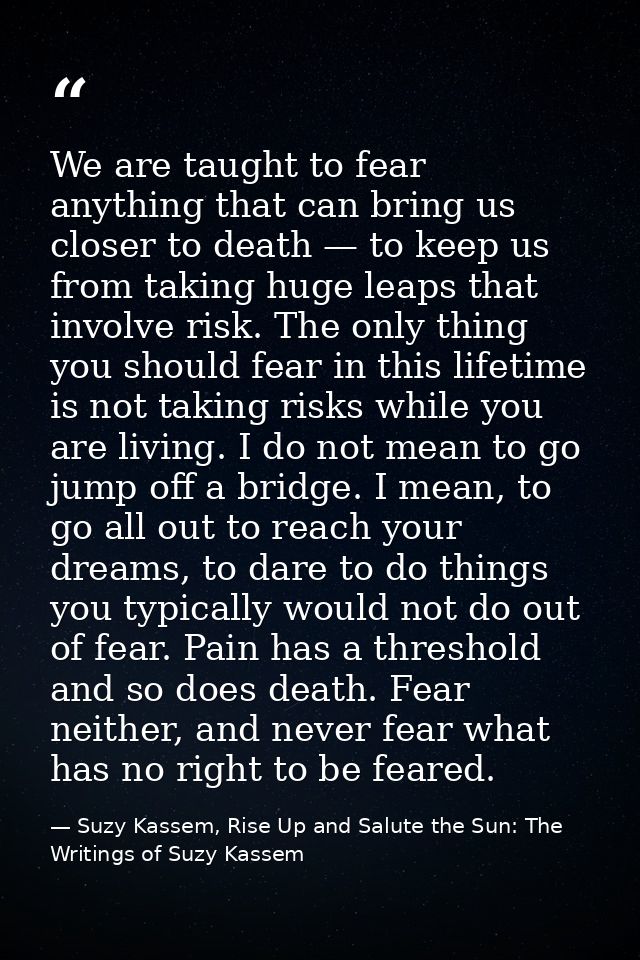 We are taught to fear anything that can bring us closer to death — to keep us from taking huge leaps that involve risk.  — Suzy Kassem, Rise Up and Salute the Sun: The Writings of Suzy Kassem