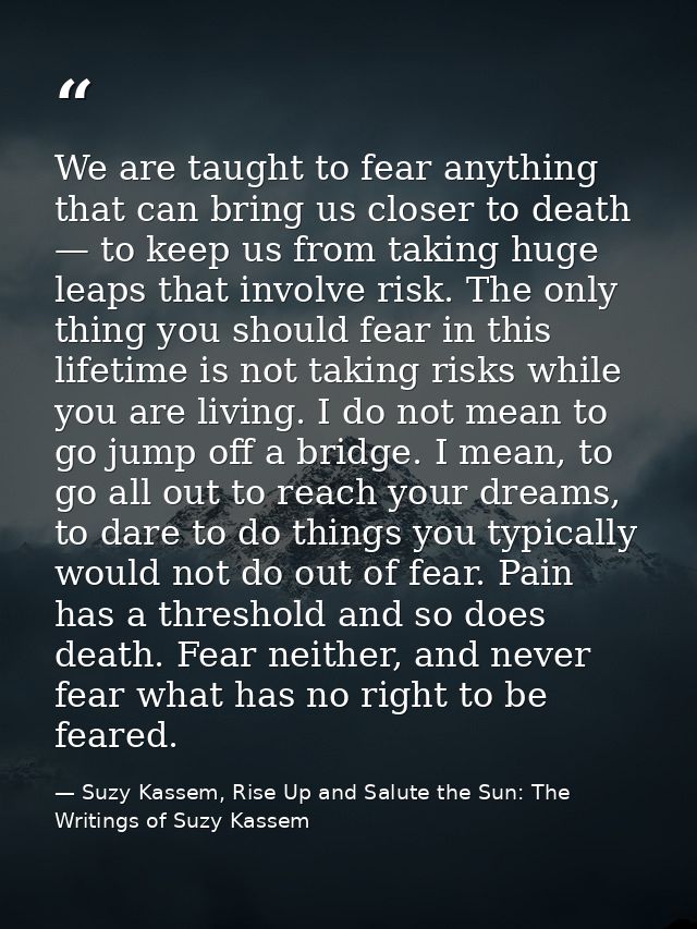 We are taught to fear anything that can bring us closer to death — to keep us from taking huge leaps that involve risk.  — Suzy Kassem, Rise Up and Salute the Sun: The Writings of Suzy Kassem