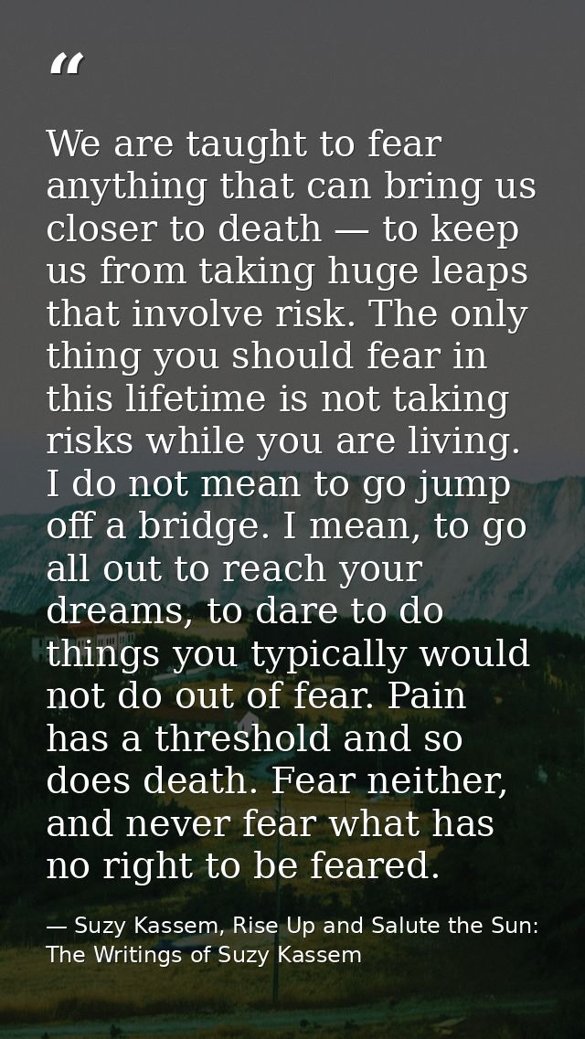 We are taught to fear anything that can bring us closer to death — to keep us from taking huge leaps that involve risk.  — Suzy Kassem, Rise Up and Salute the Sun: The Writings of Suzy Kassem