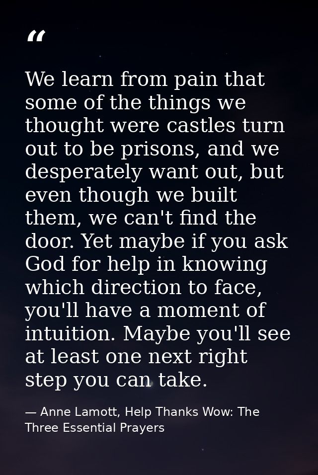 We learn from pain that some of the things we thought were castles turn out to be prisons, and we desperately want out,  — Anne Lamott, Help Thanks Wow: The Three Essential Prayers