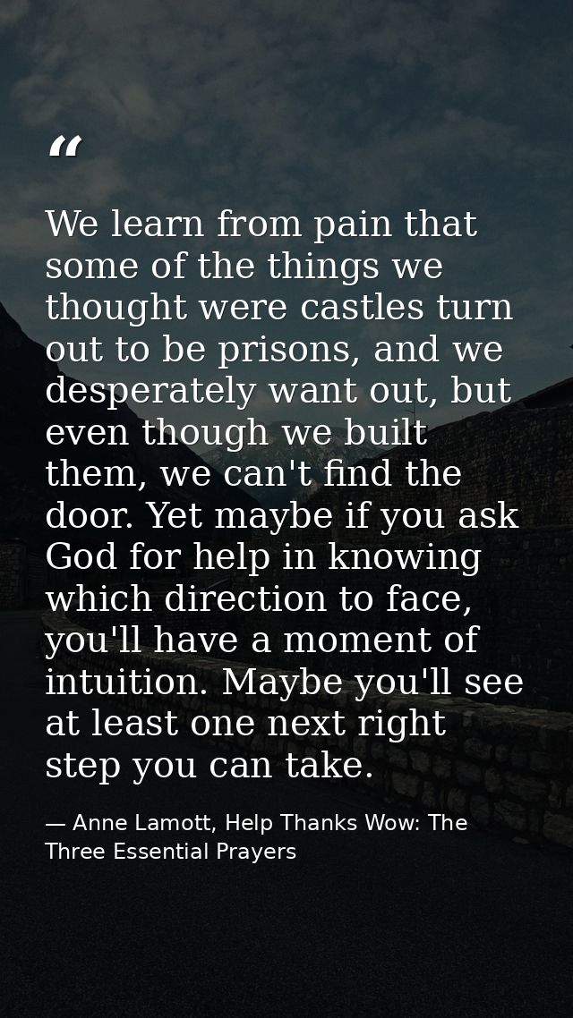 We learn from pain that some of the things we thought were castles turn out to be prisons, and we desperately want out,  — Anne Lamott, Help Thanks Wow: The Three Essential Prayers