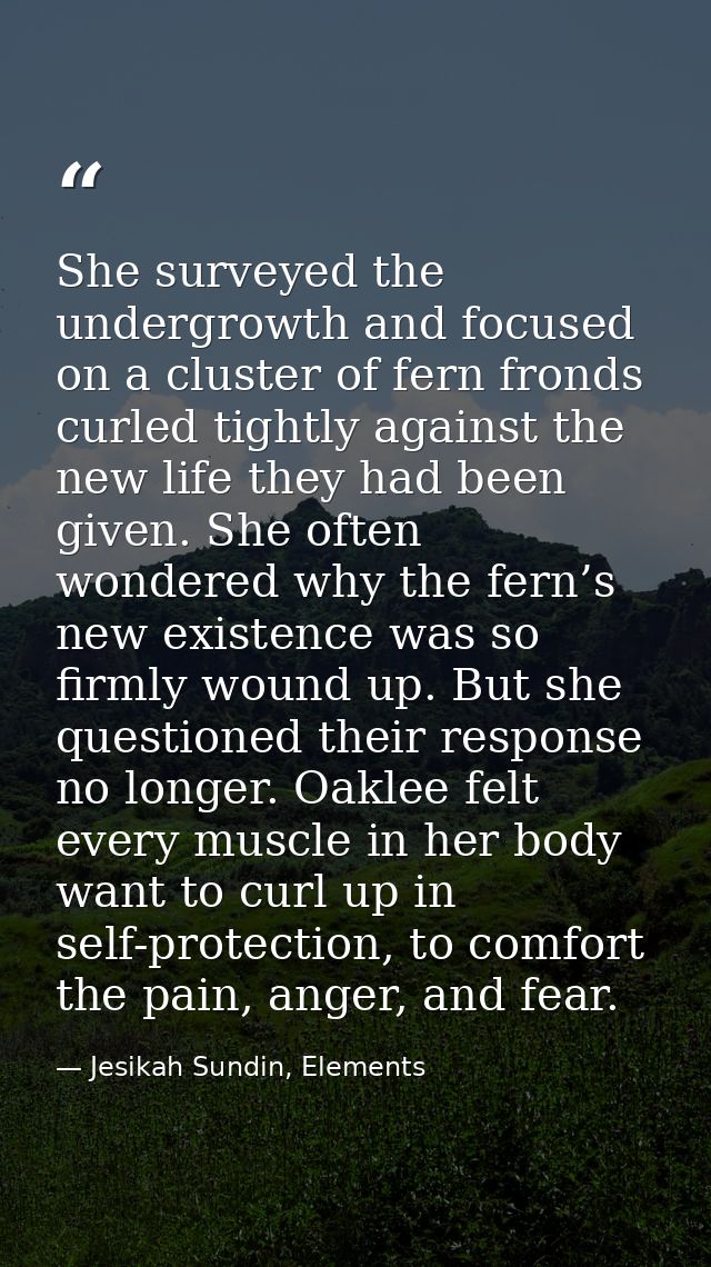 She surveyed the undergrowth and focused on a cluster of fern fronds curled tightly against the new life they had been g — Jesikah Sundin, Elements